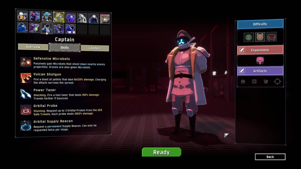 Risk of Rain 2 character selection screen showcasing the Captain.