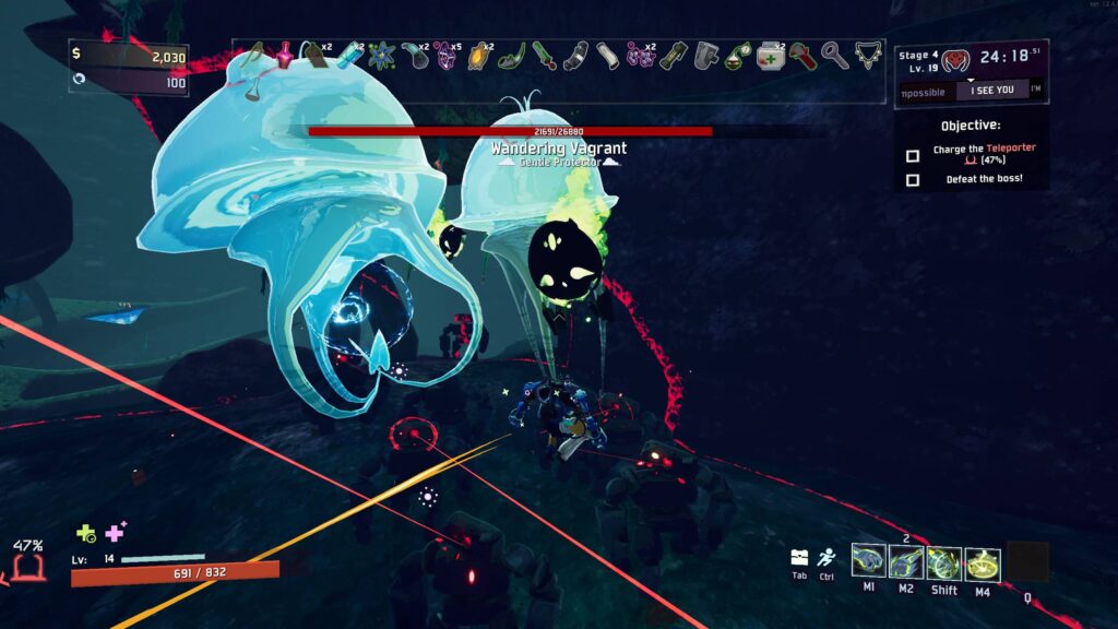 The Loader flying across the battlefield with two bosses and several enemies in front of it.