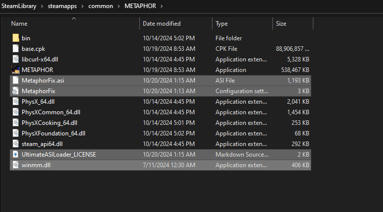 Metaphor: ReFantazio game folder with the mod files highlighted