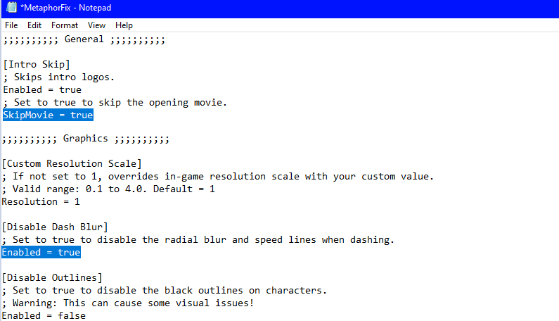 Example of an edited MetaphorFix.ini  file with my changes highlighted