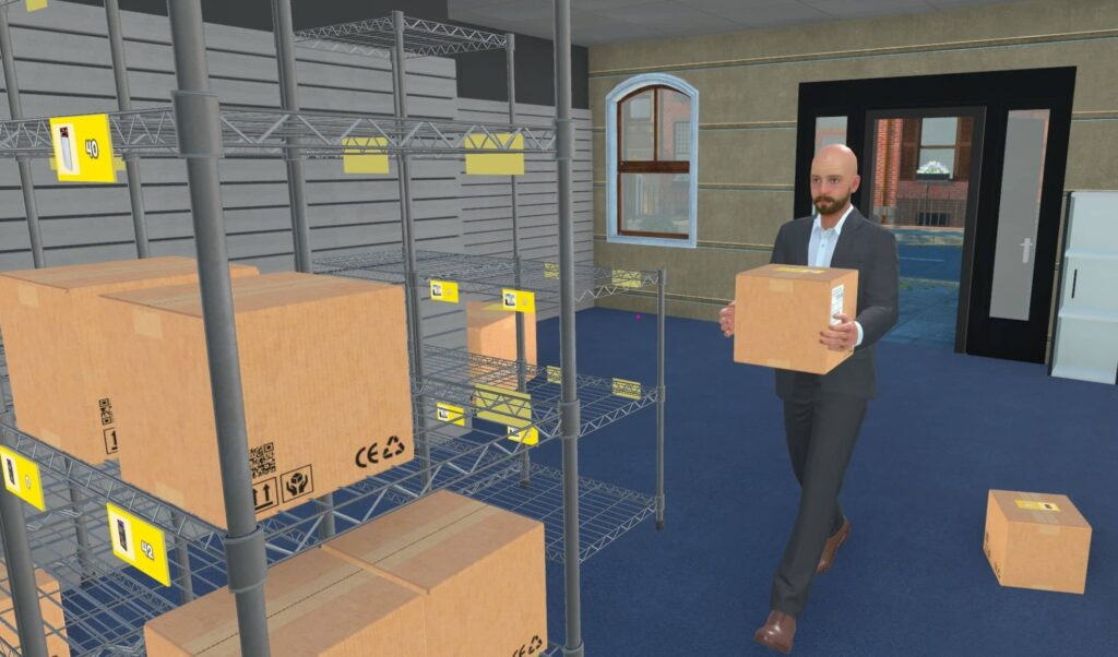 An employee bringing in boxes for the storage room shelves