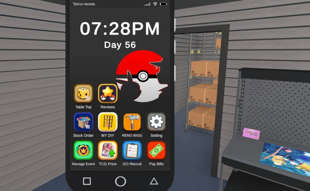 The smartphone in TCG Card Shop Simulator showing all the apps, including "RENO BIGG"