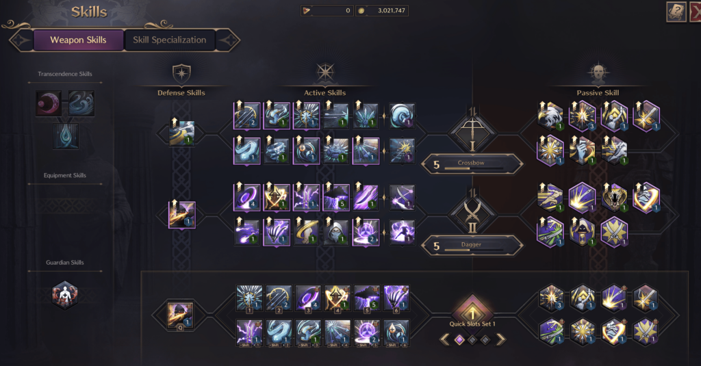 The game's skill page showcasing all of the crossbow and dagger's abilities