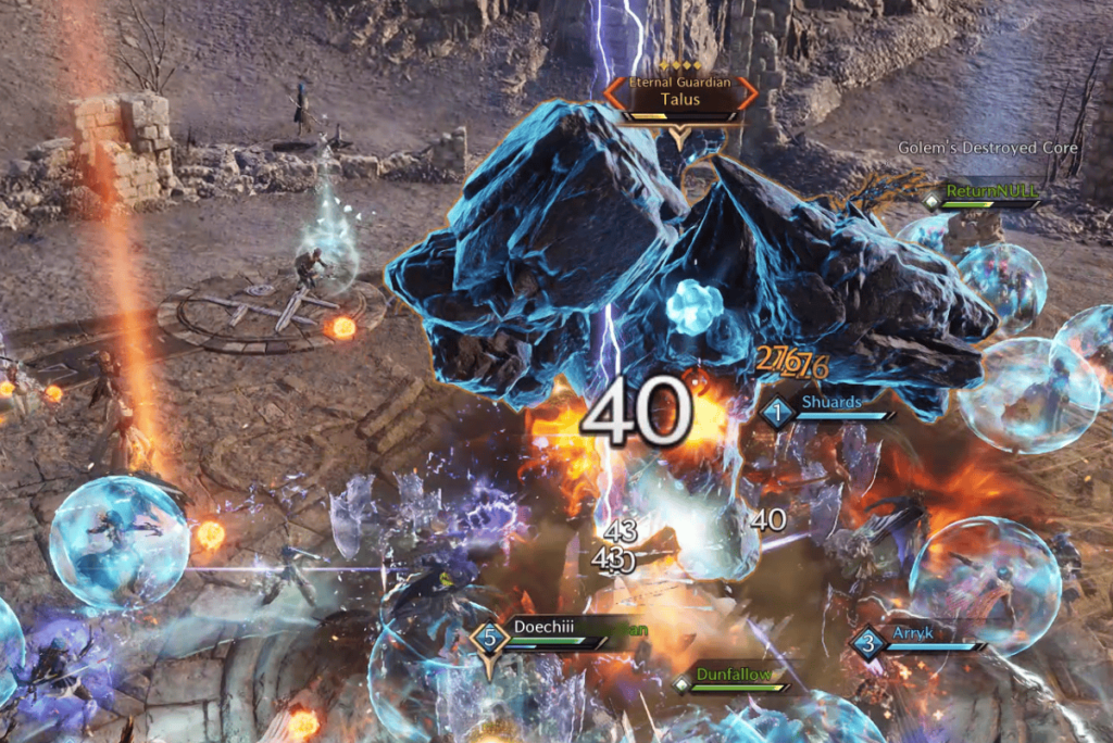 Throne and Liberty gameplay showing Talus world boss engagement