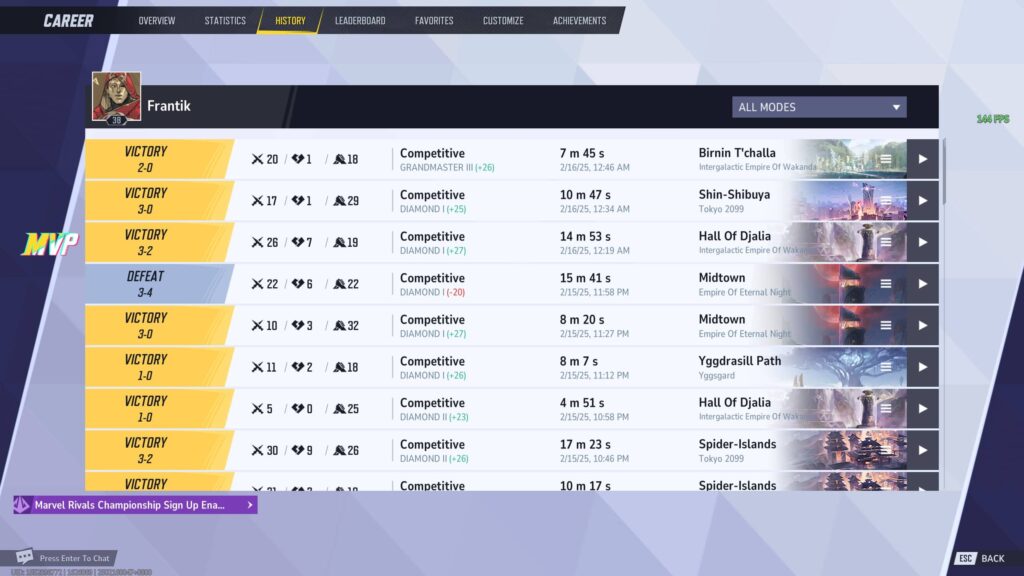Marvel Rivals my competitive match history while playing strategists