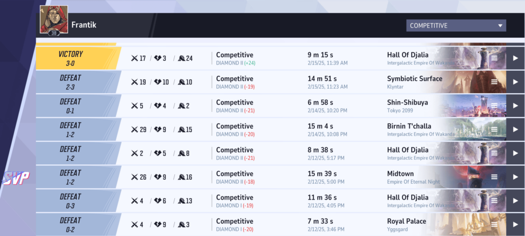 My competitive match history showing a past loss streak