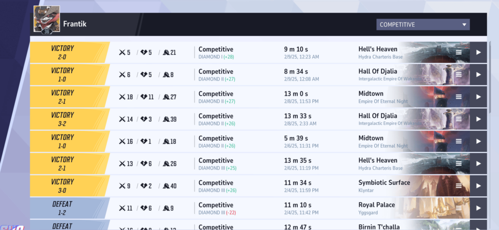 My Marvel Rivals competitive match history while playing as Mantis (and occasionally other strategists)