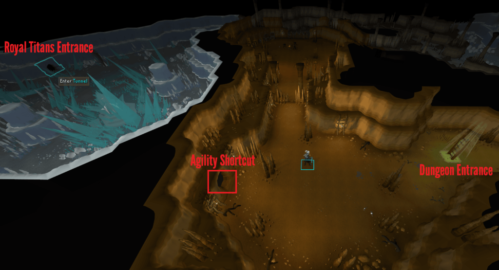 Asgarnian Ice Dungeon and the entrance to the Royal Titans arena