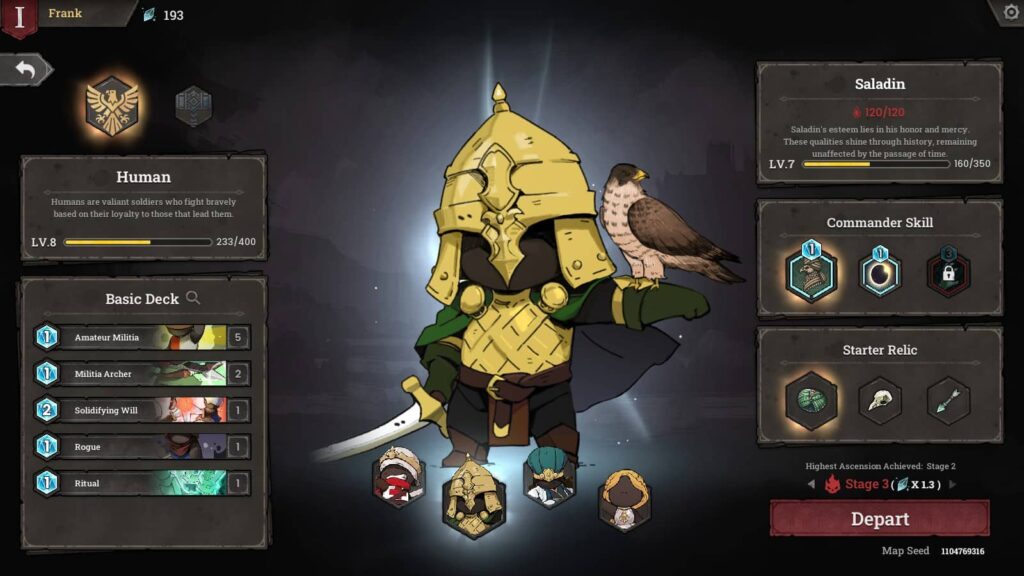 The commander selection screen showing Saladin (Human)