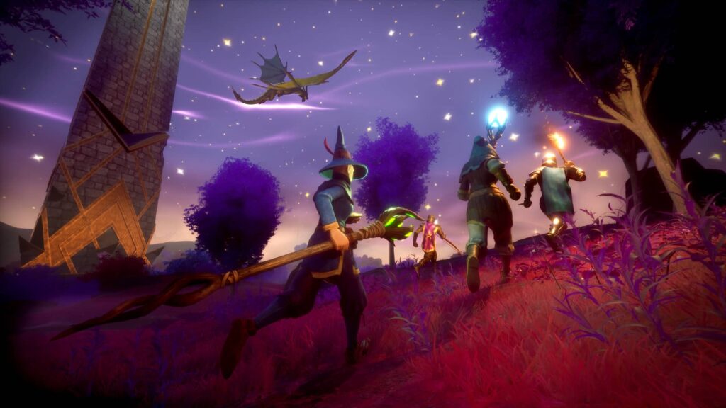 RuneScape Dragonwilds promotionals creenshot showing four players and a dragon