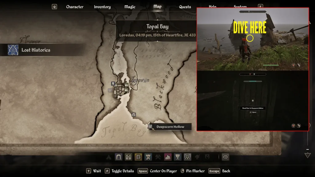 Oblivion Remastered map with Deepscorn Hollow location and dive spot