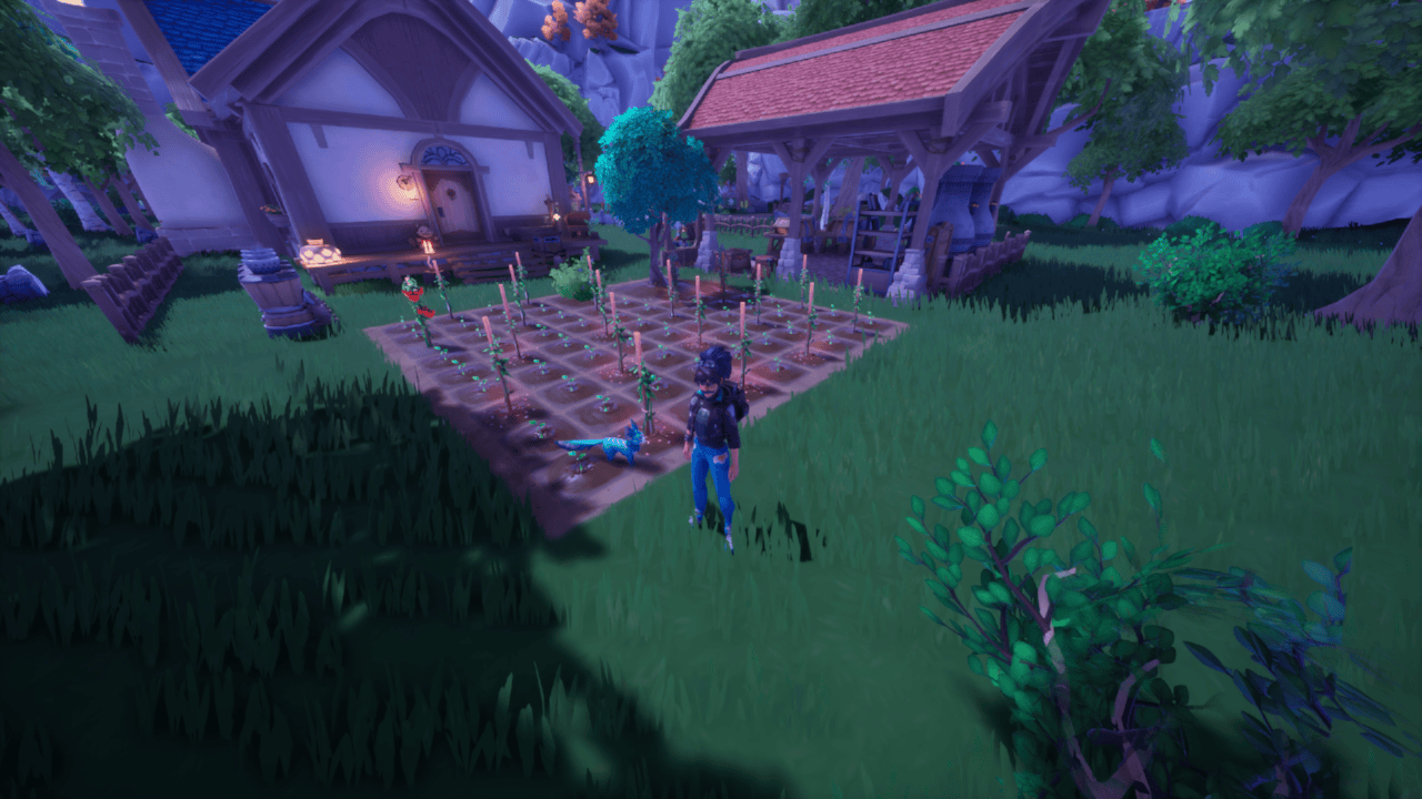 My backyard in Palia, featuring my farming plots and self-made crafting zone My backyard in Palia, featuring my farming plots and self-made crafting zone