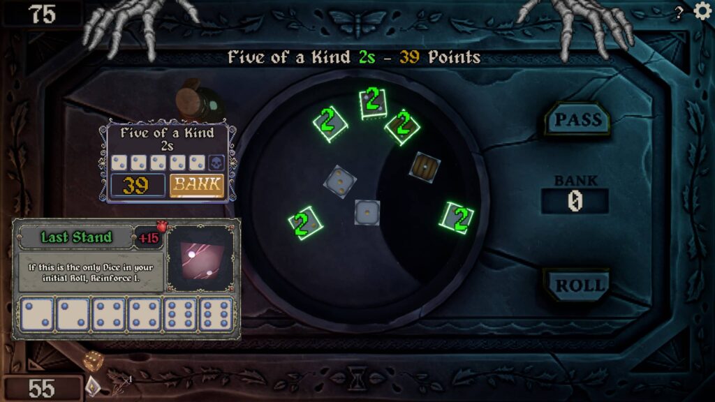 Getting a Five of a Kind in the game, with an example of a special die shown in the lower left.