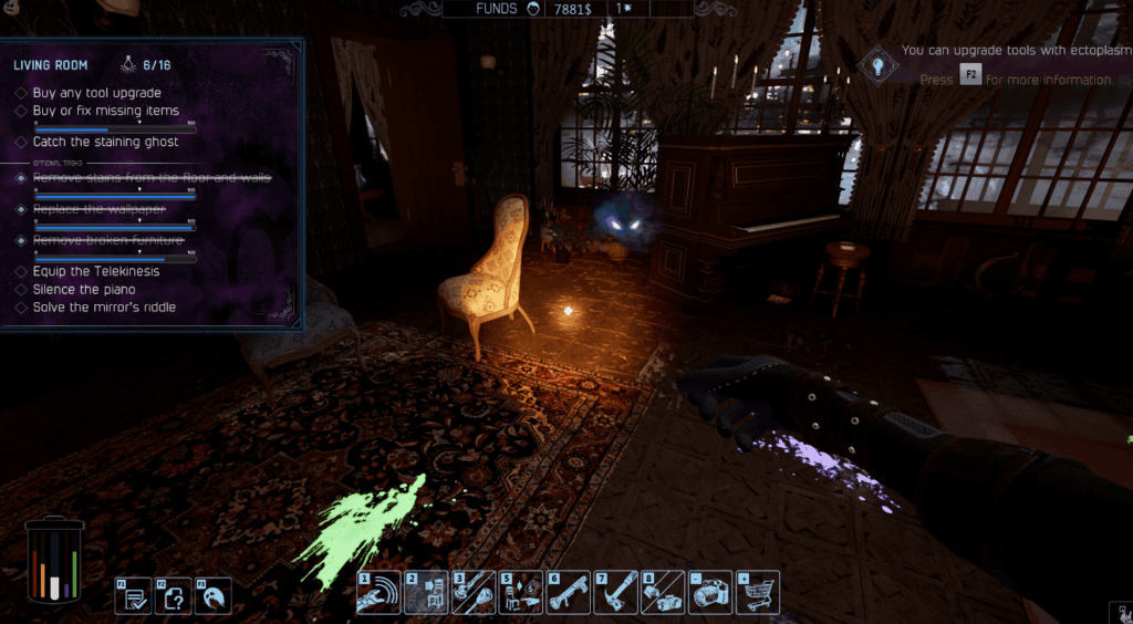 The tutorial house showing some of the objectives and a wandering ghost