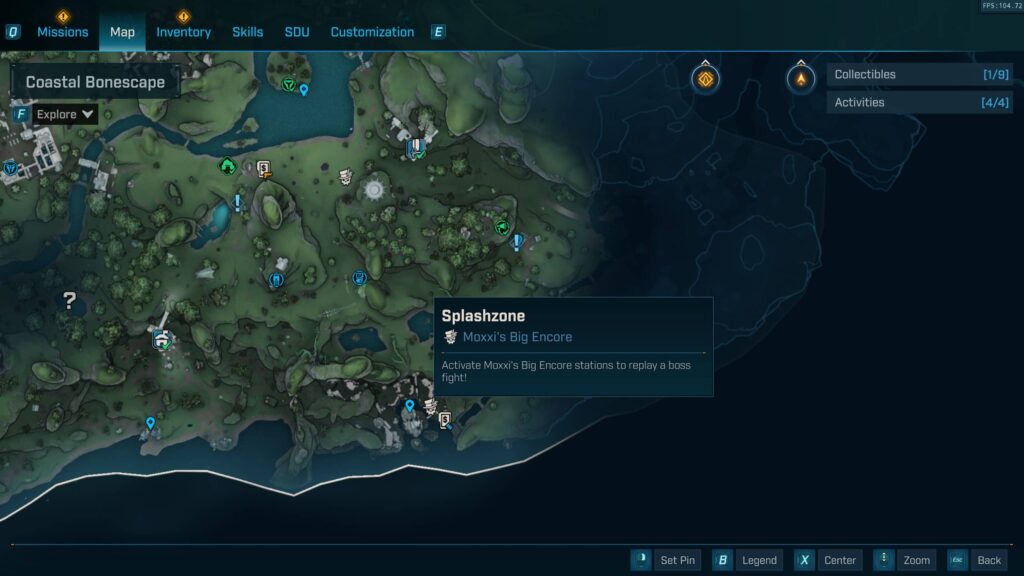 Borderlands 4 ingame map showing Splashzone's encore machine location