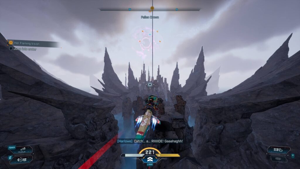 Harlowe riding her vehicle across the air