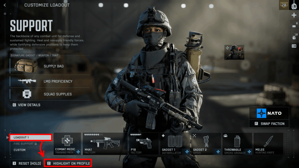 Battlefield 6 loadouts screen showing the "Highlight on Profile" option