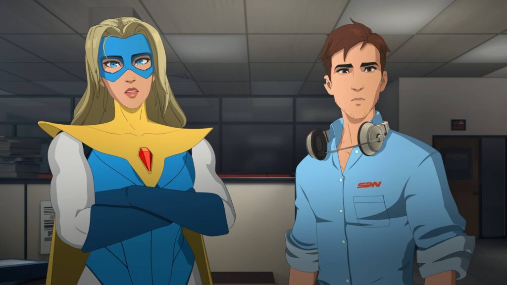 Blonde Blazer and Robert looking at something offscreen