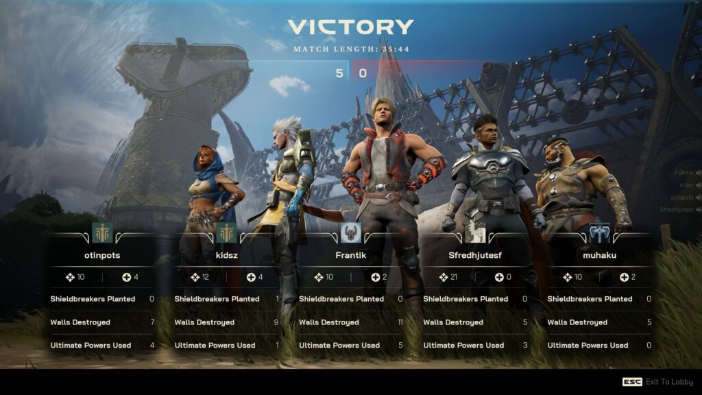 Close 5-0 victory post-game screen in Highguard