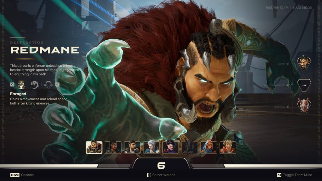 Highguard's warden select screen showing Redmane