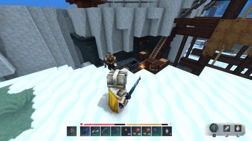 My character approaching a mine as an enemy guard charges at me