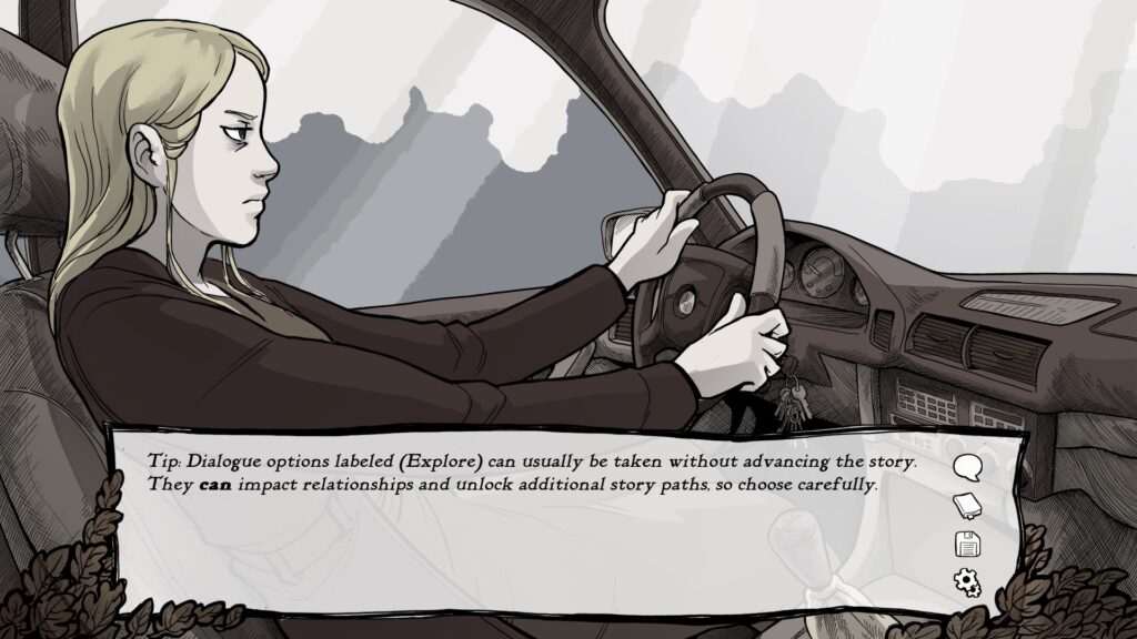Tabitha driving you at the start of the game with a tutorial in the dialogue box