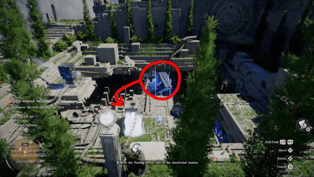 Pulling the floating blue cube to the pillar