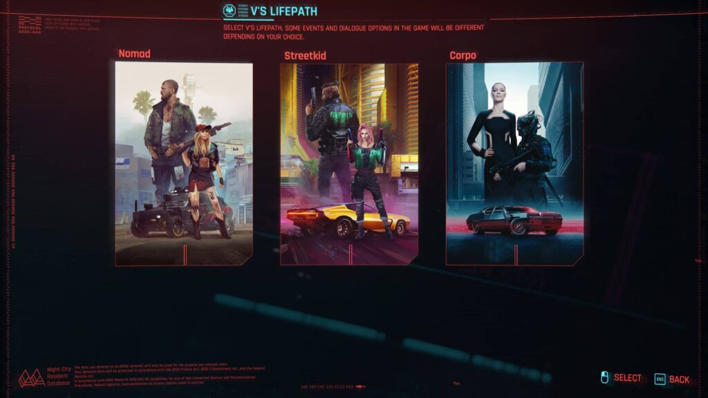 Cyberpunk 2077 lifepath selection screen