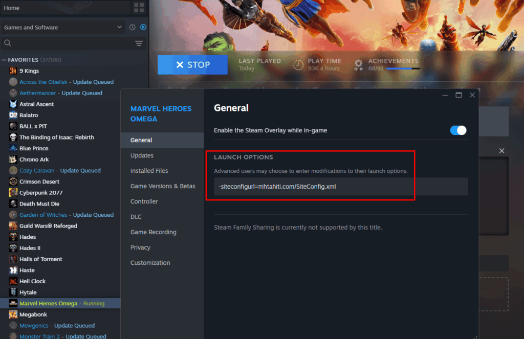 Example of the launch options for Project TAHITI