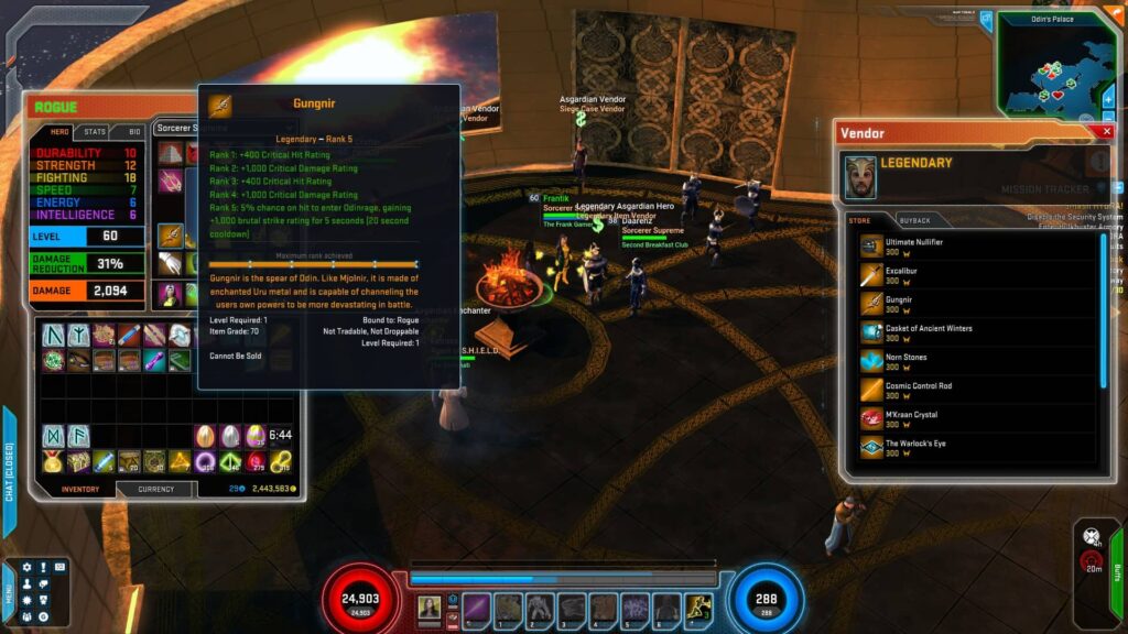 An example of a maxed out Gungnir and other legendary items in Marvel Heroes Omega 