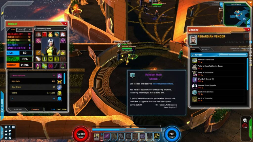 The Eternity Splinter vendor in Marvel Heroes Omega with the random hero box highlighted