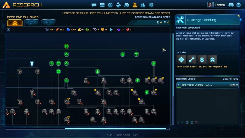 The Riftbreaker's research tree